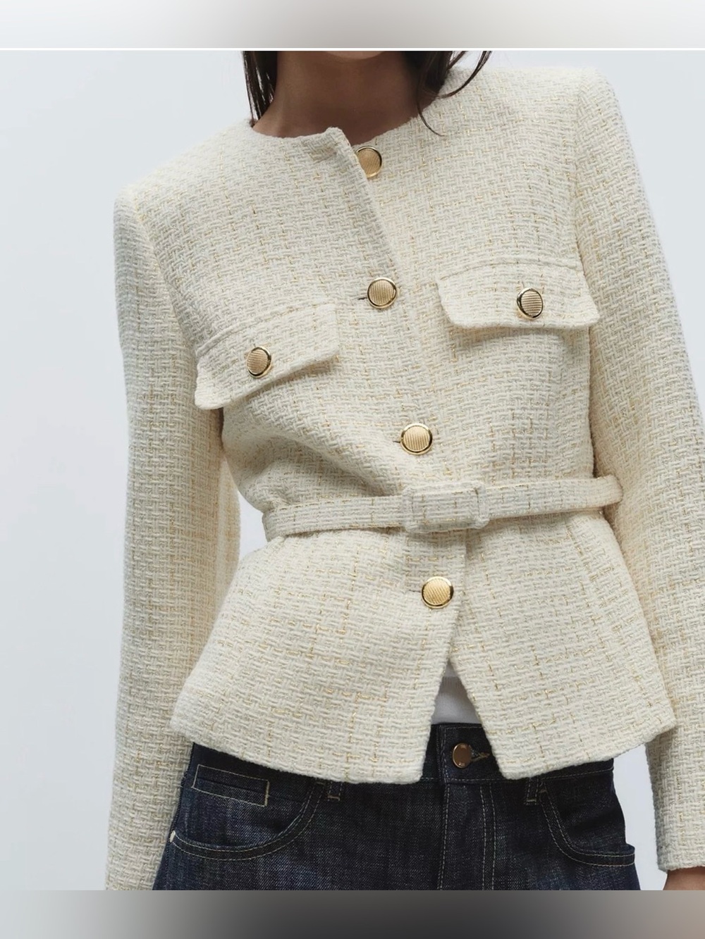 Zara Cream Tweed Belted Jacket with Gold Buttons